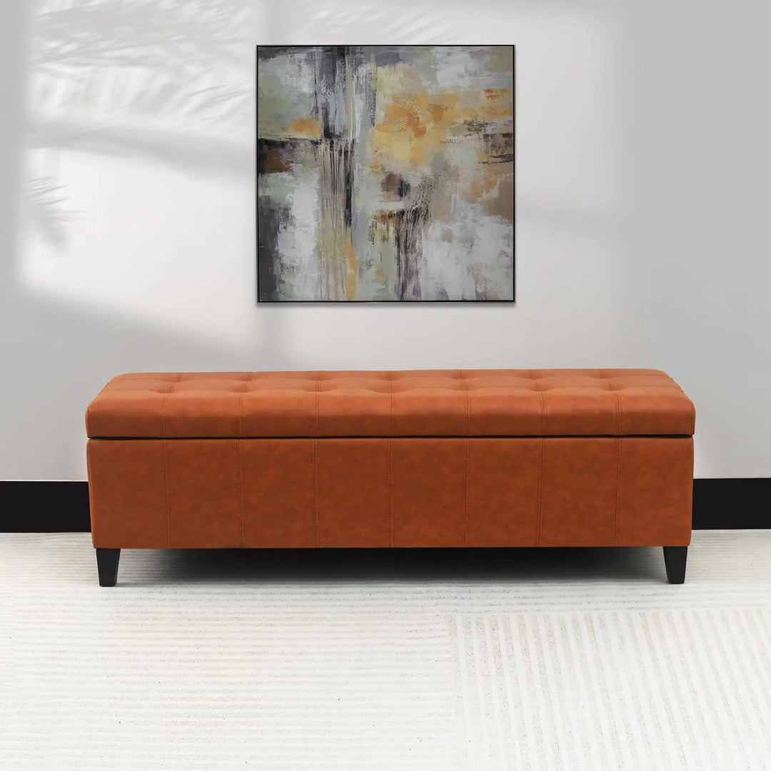 DECO DE VILLE 51 Inch Faux Leather Upholstered Ottoman with Storage 