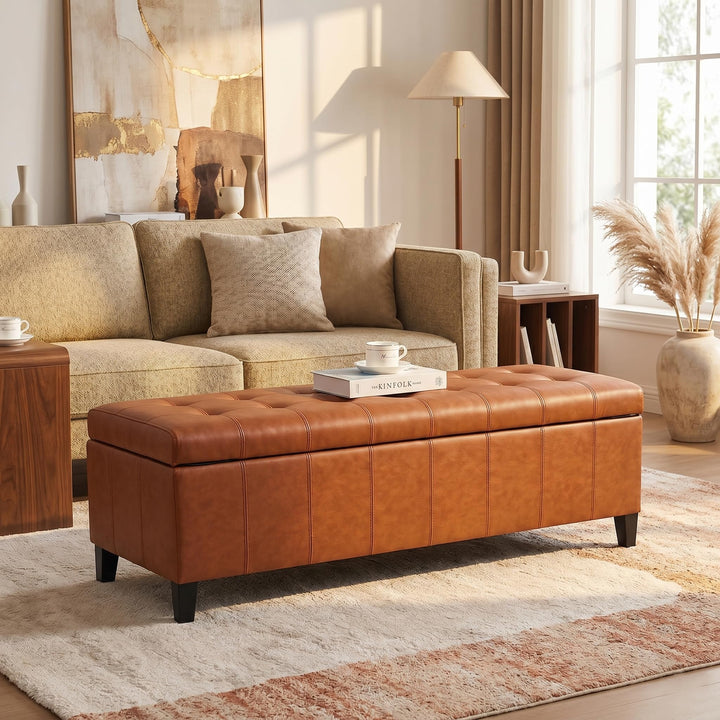 DECO DE VILLE 51 Inch Faux Leather Upholstered Ottoman with Storage 