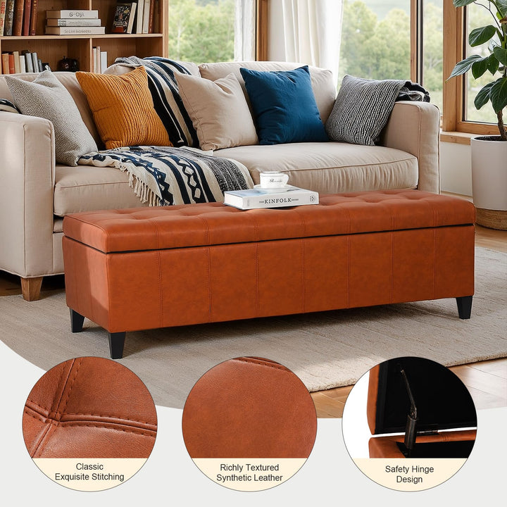 DECO DE VILLE 51 Inch Faux Leather Upholstered Ottoman with Storage 