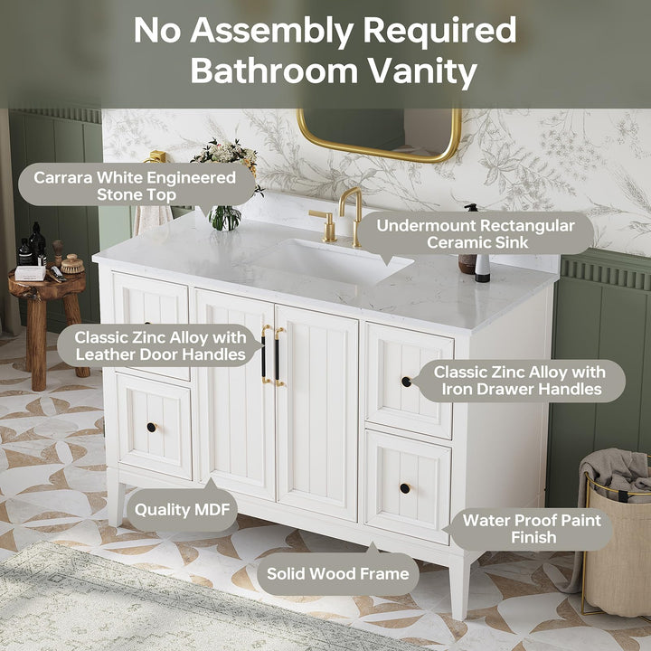 DELUXE LIVING 48 Inch Bathroom Vanity with Sink, Fully Assembled, White 