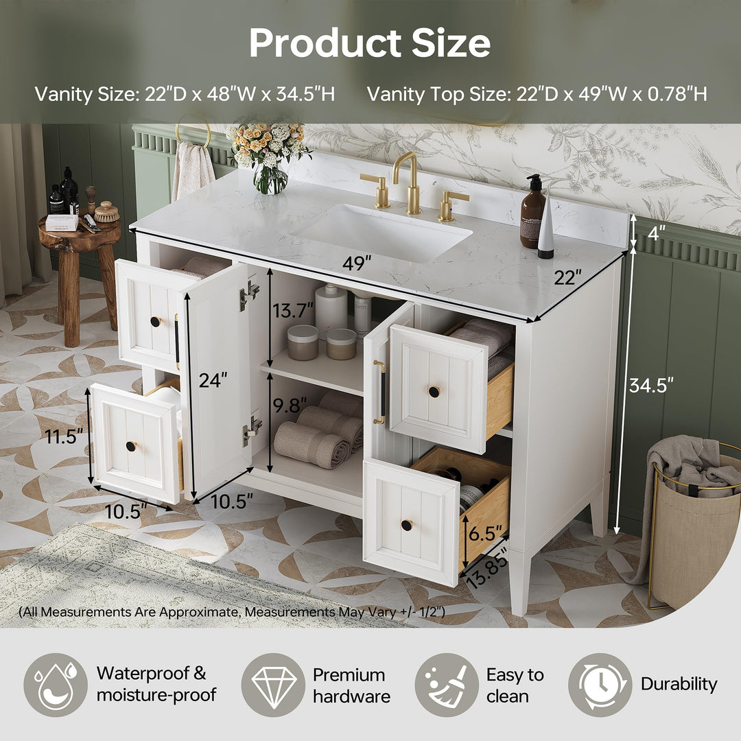 DELUXE LIVING 48 Inch Bathroom Vanity with Sink, Fully Assembled, White 