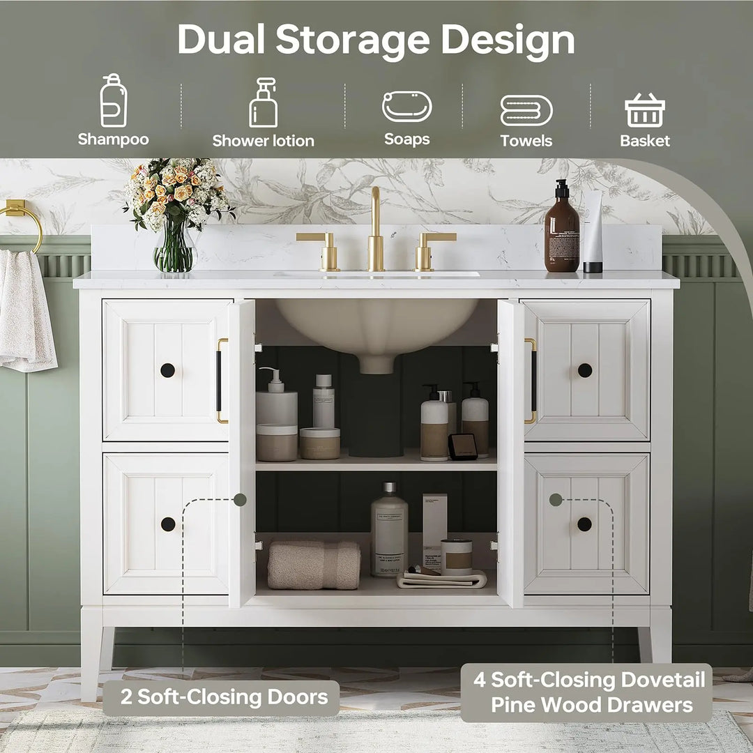 DELUXE LIVING 48 Inch Bathroom Vanity with Sink, Fully Assembled, White 