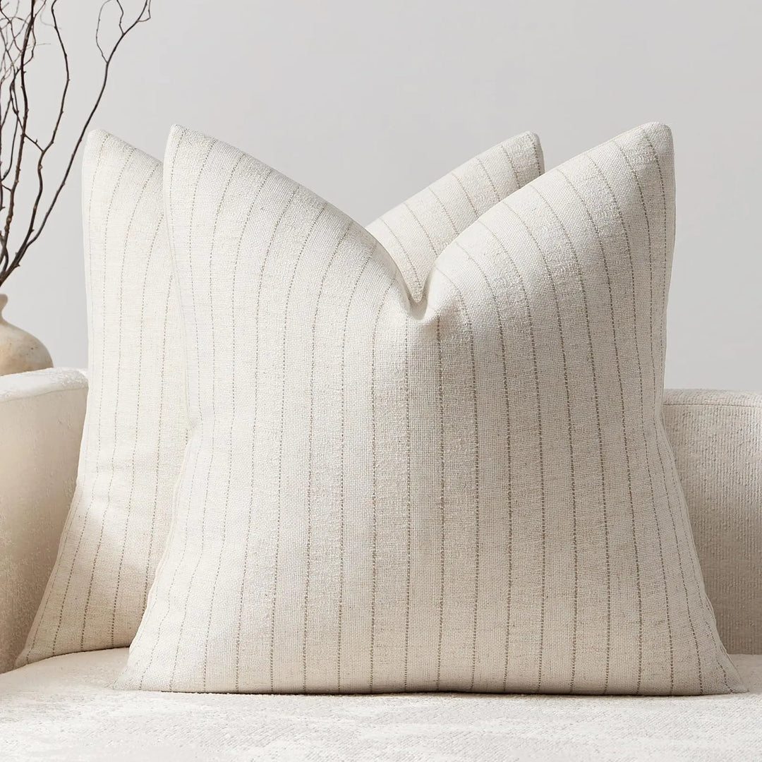 DEZENE Pack of 2 Linen Striped Throw Pillow Covers 18x18 Neutral Couch Pillow Cases Farmhouse Decorative Square Accents for Living Room Sofa Bedroom, Beige
