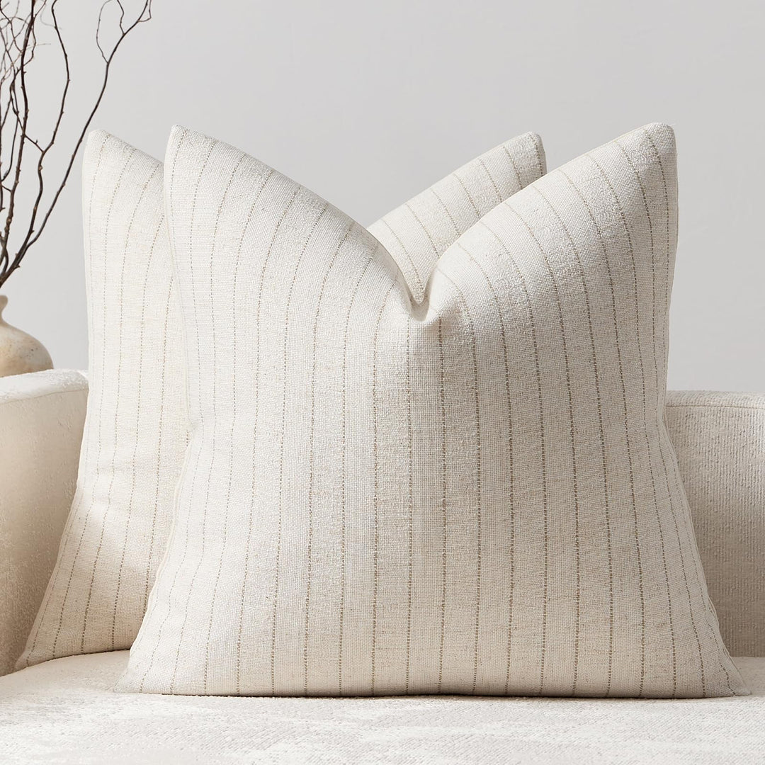 DEZENE Pack of 2 Linen Striped Throw Pillow Covers 18x18 Neutral Couch Pillow Cases Farmhouse Decorative Square Accents for Living Room Sofa Bedroom, Beige 