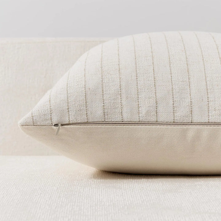 DEZENE Pack of 2 Linen Striped Throw Pillow Covers 18x18 Neutral Couch Pillow Cases Farmhouse Decorative Square Accents for Living Room Sofa Bedroom, Beige
