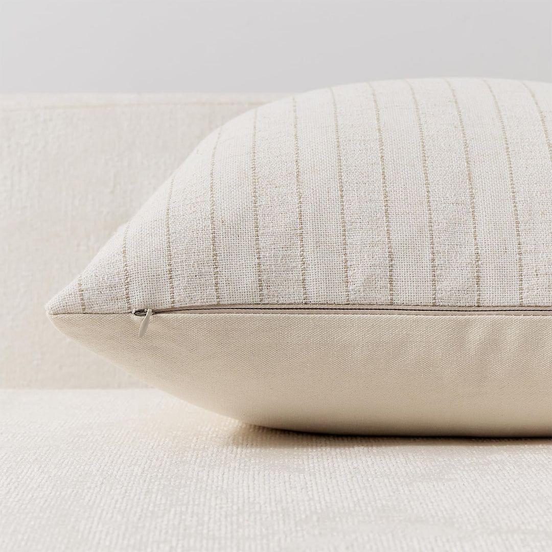 DEZENE Pack of 2 Linen Striped Throw Pillow Covers 18x18 Neutral Couch Pillow Cases Farmhouse Decorative Square Accents for Living Room Sofa Bedroom, Beige 
