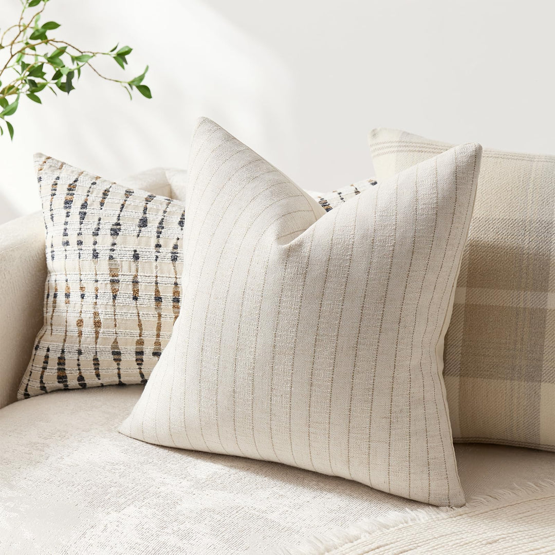 DEZENE Pack of 2 Linen Striped Throw Pillow Covers 18x18 Neutral Couch Pillow Cases Farmhouse Decorative Square Accents for Living Room Sofa Bedroom, Beige 