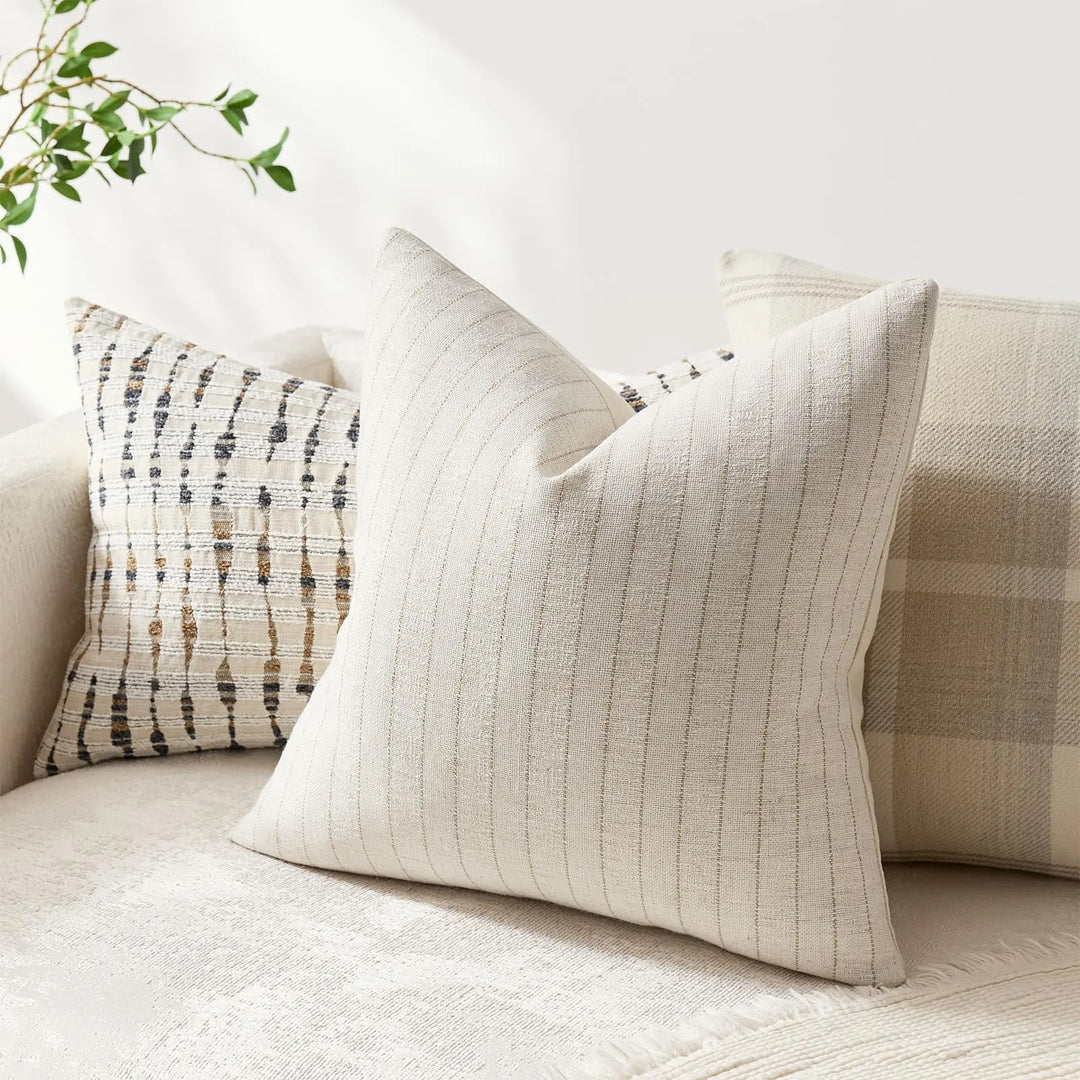 DEZENE Pack of 2 Linen Striped Throw Pillow Covers 18x18 Neutral Couch Pillow Cases Farmhouse Decorative Square Accents for Living Room Sofa Bedroom, Beige
