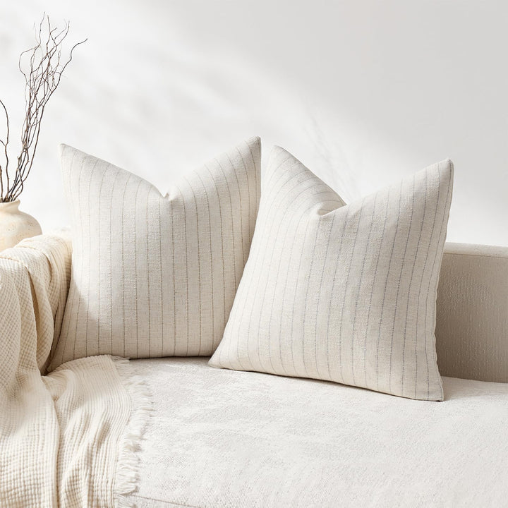 DEZENE Pack of 2 Linen Striped Throw Pillow Covers 18x18 Neutral Couch Pillow Cases Farmhouse Decorative Square Accents for Living Room Sofa Bedroom, Beige 