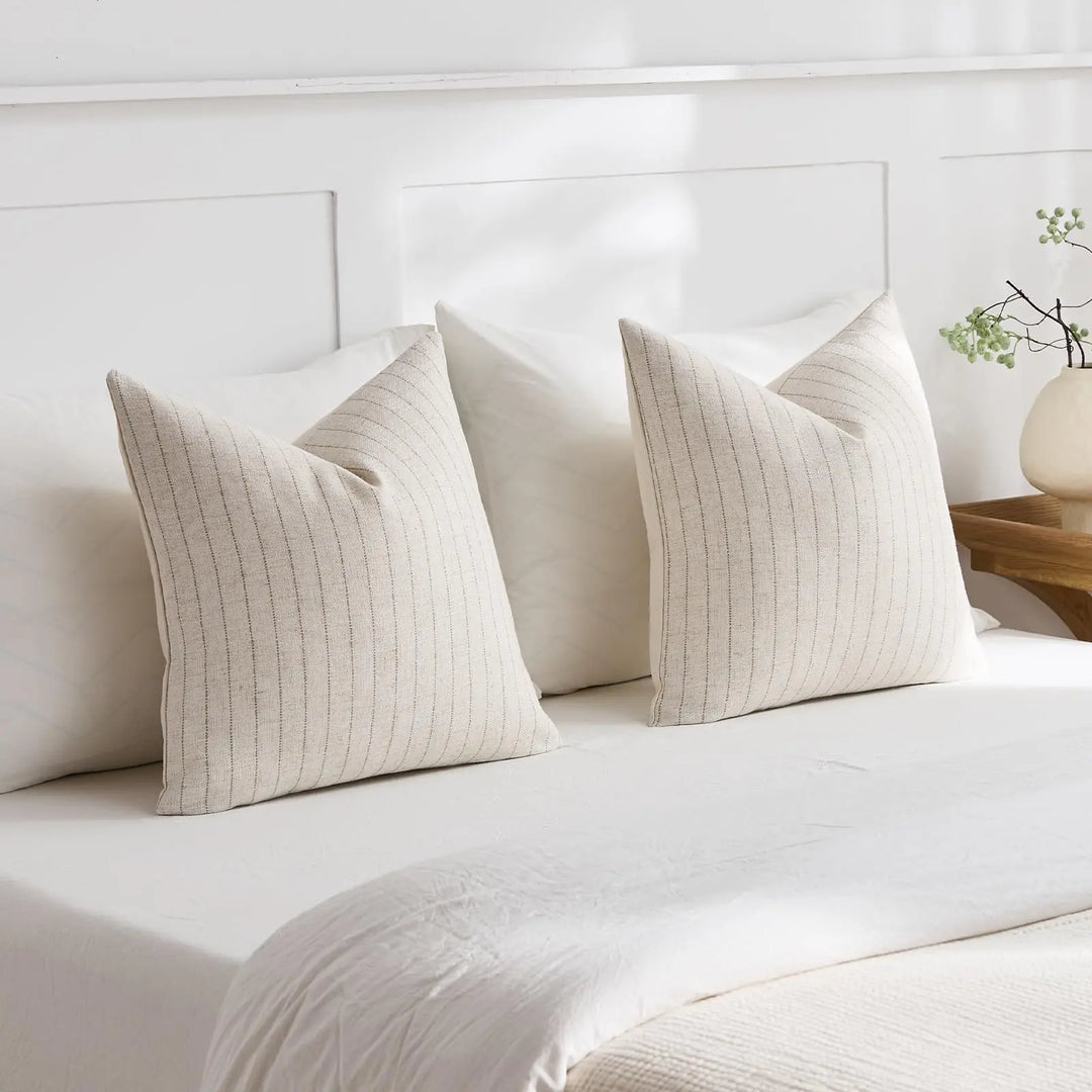 DEZENE Pack of 2 Linen Striped Throw Pillow Covers 18x18 Neutral Couch Pillow Cases Farmhouse Decorative Square Accents for Living Room Sofa Bedroom, Beige