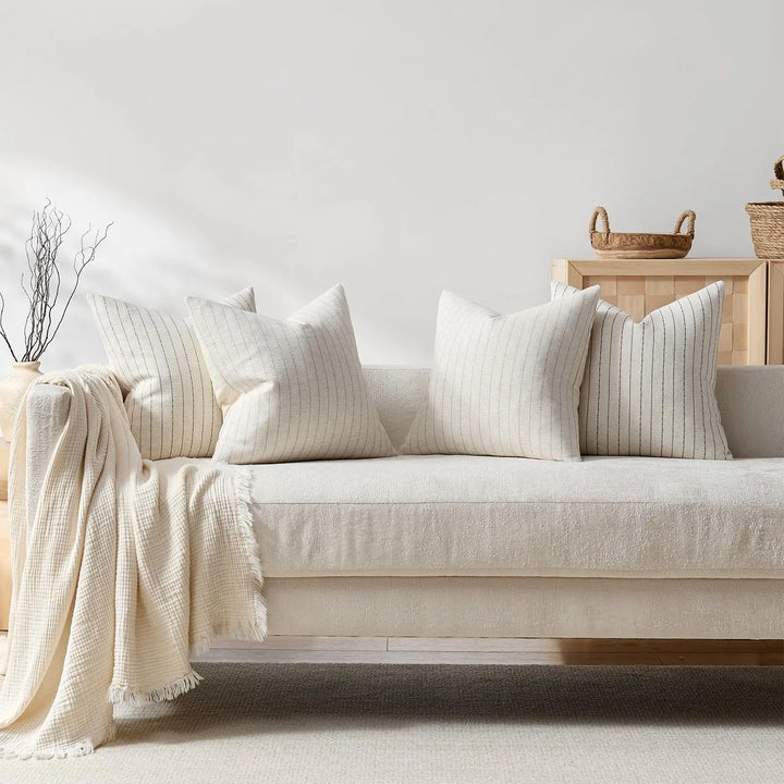 DEZENE Pack of 2 Linen Striped Throw Pillow Covers 18x18 Neutral Couch Pillow Cases Farmhouse Decorative Square Accents for Living Room Sofa Bedroom, Beige