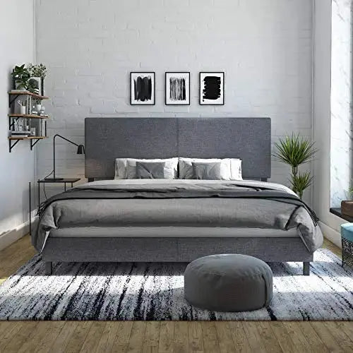 DHP Janford Upholstered Bed with Chic Design - Grey Linen