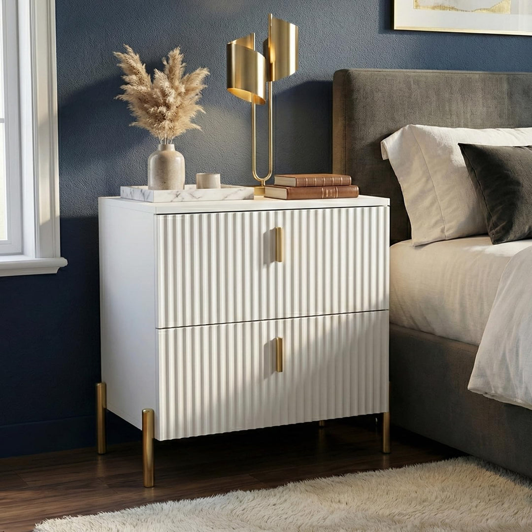 DIYART Luxury Fluted Night Stand, Nightstand with 2 Drawers, Modern Bedside Table with Golden Legs and Handles, End Tables for Living Room Bedroom, White 