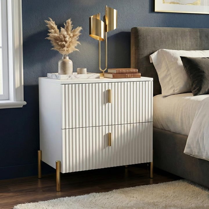 DIYART Luxury Fluted Night Stand, Nightstand with 2 Drawers, Modern Bedside Table with Golden Legs and Handles, End Tables for Living Room Bedroom, White 