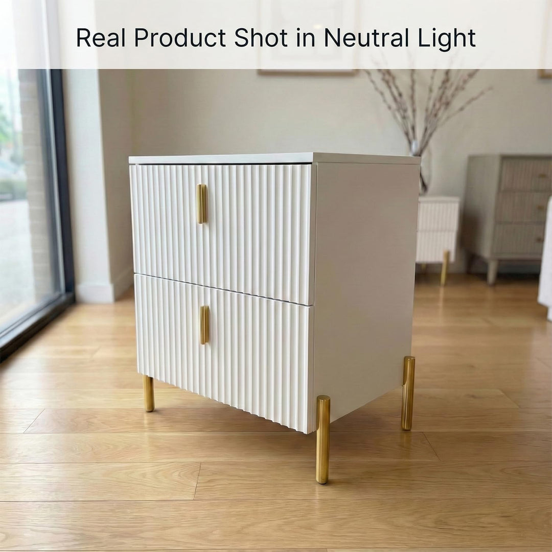 DIYART Luxury Fluted Night Stand, Nightstand with 2 Drawers, Modern Bedside Table with Golden Legs and Handles, End Tables for Living Room Bedroom, White 