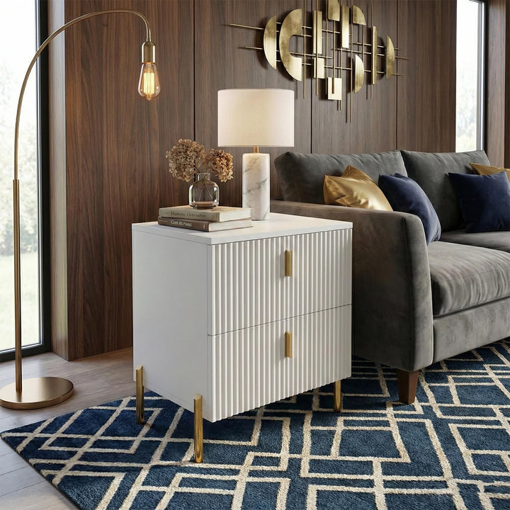 DIYART Luxury Fluted Night Stand, Nightstand with 2 Drawers, Modern Bedside Table with Golden Legs and Handles, End Tables for Living Room Bedroom, White 