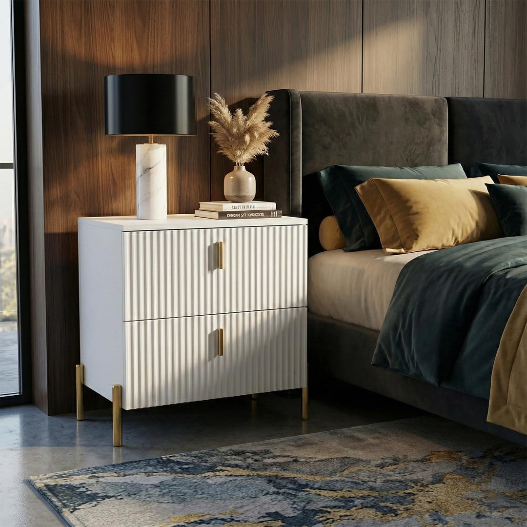 DIYART Luxury Fluted Night Stand, Nightstand with 2 Drawers, Modern Bedside Table with Golden Legs and Handles, End Tables for Living Room Bedroom, White 