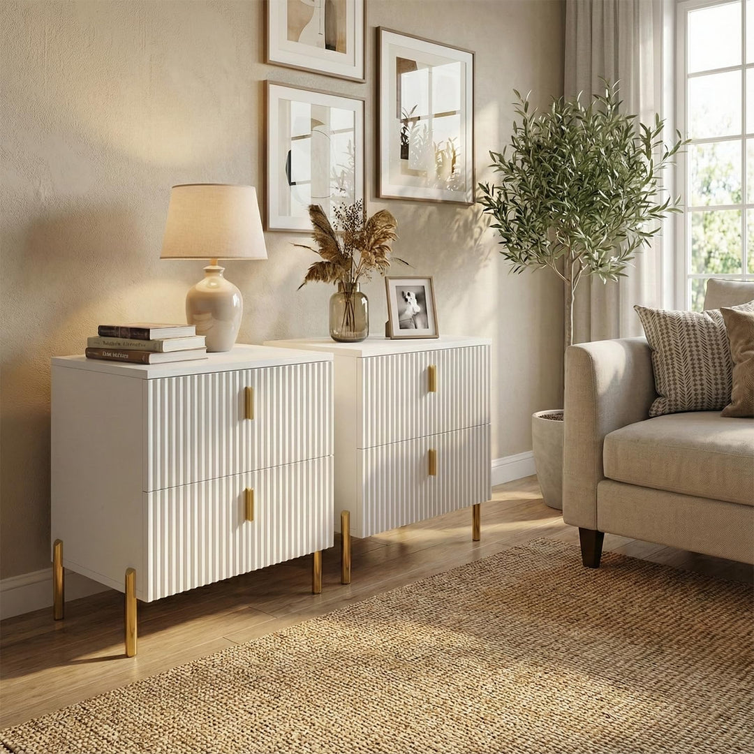 DIYART Luxury Fluted Night Stand, Nightstand with 2 Drawers, Modern Bedside Table with Golden Legs and Handles, End Tables for Living Room Bedroom, White 