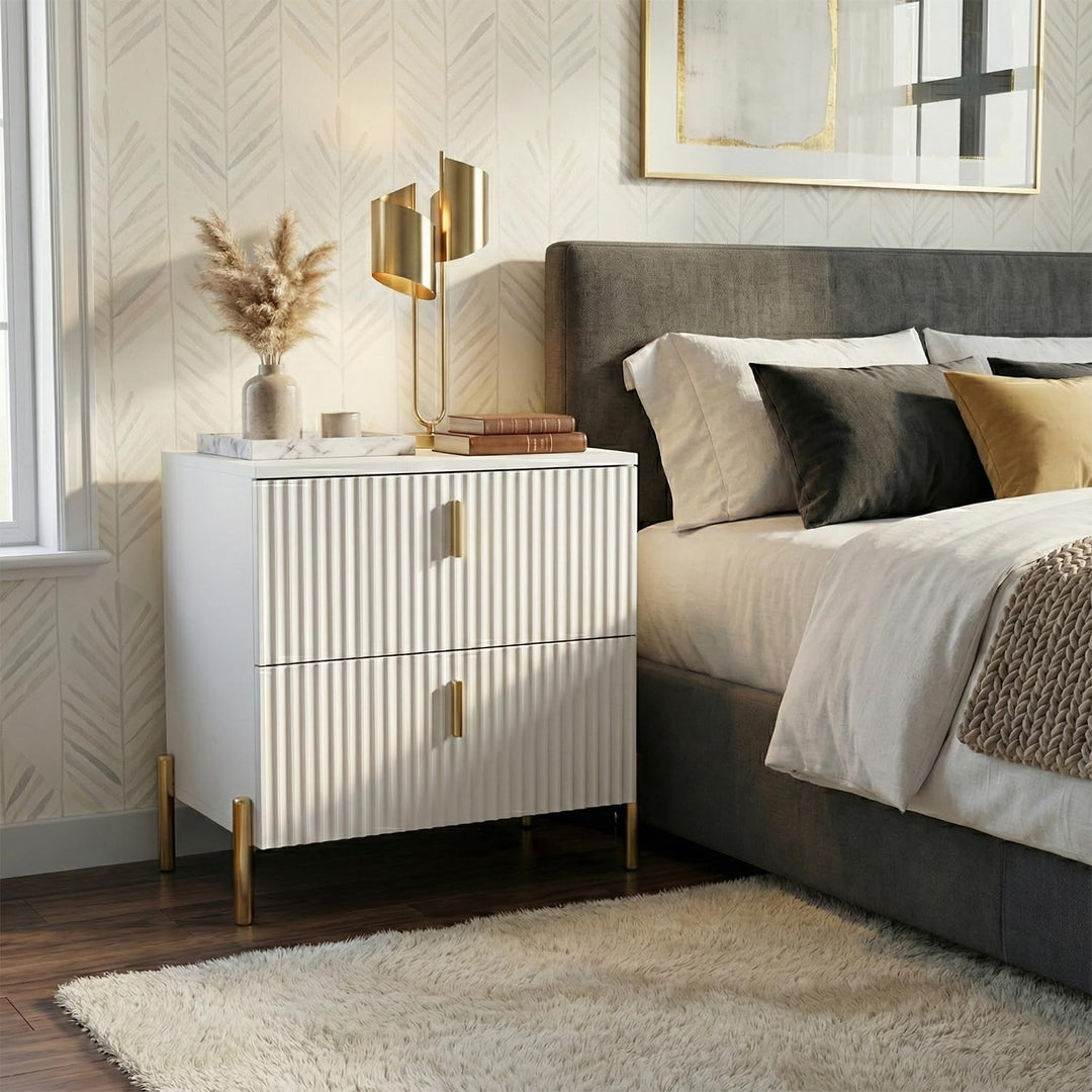 DIYART Luxury Fluted Night Stand, Nightstand with 2 Drawers, Modern Bedside Table with Golden Legs and Handles, End Tables for Living Room Bedroom, White 