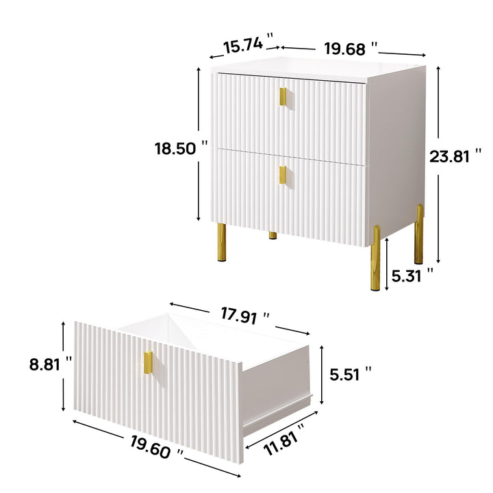 DIYART Luxury Fluted Night Stand, Nightstand with 2 Drawers, Modern Bedside Table with Golden Legs and Handles, End Tables for Living Room Bedroom, White 