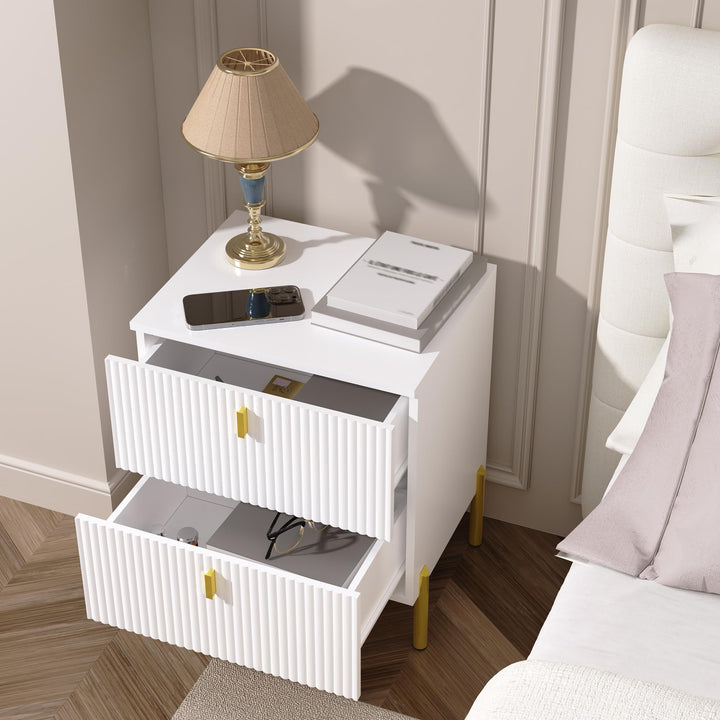 DIYART Luxury Fluted Night Stand, Nightstand with 2 Drawers, Modern Bedside Table with Golden Legs and Handles, End Tables for Living Room Bedroom, White 