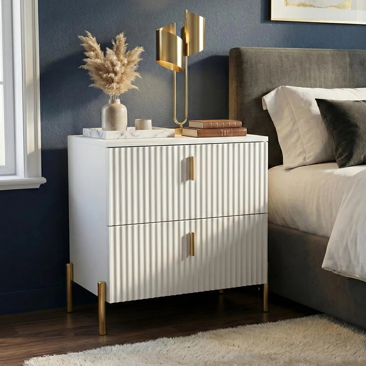DIYART Luxury Fluted Night Stand, Nightstand with 2 Drawers, Modern Bedside Table with Golden Legs and Handles, End Tables for Living Room Bedroom, White 