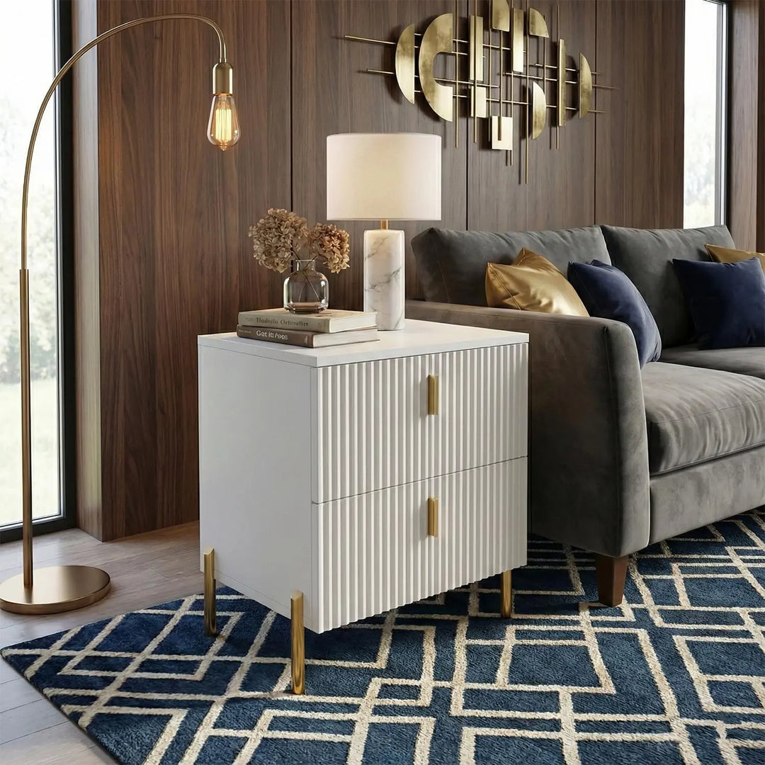DIYART Luxury Fluted Night Stand, Nightstand with 2 Drawers, Modern Bedside Table with Golden Legs and Handles, End Tables for Living Room Bedroom, White 