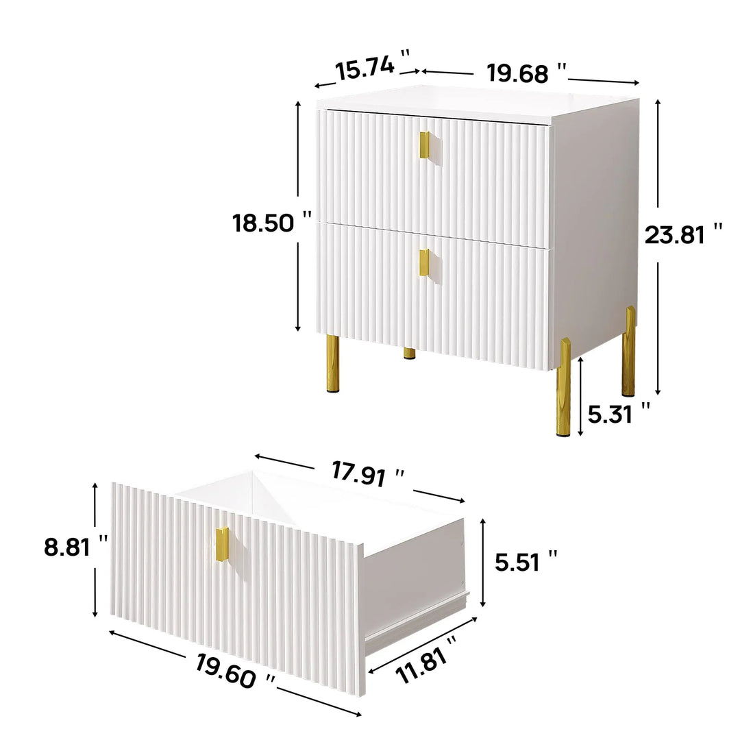 DIYART Luxury Fluted Night Stand, Nightstand with 2 Drawers, Modern Bedside Table with Golden Legs and Handles, End Tables for Living Room Bedroom, White 