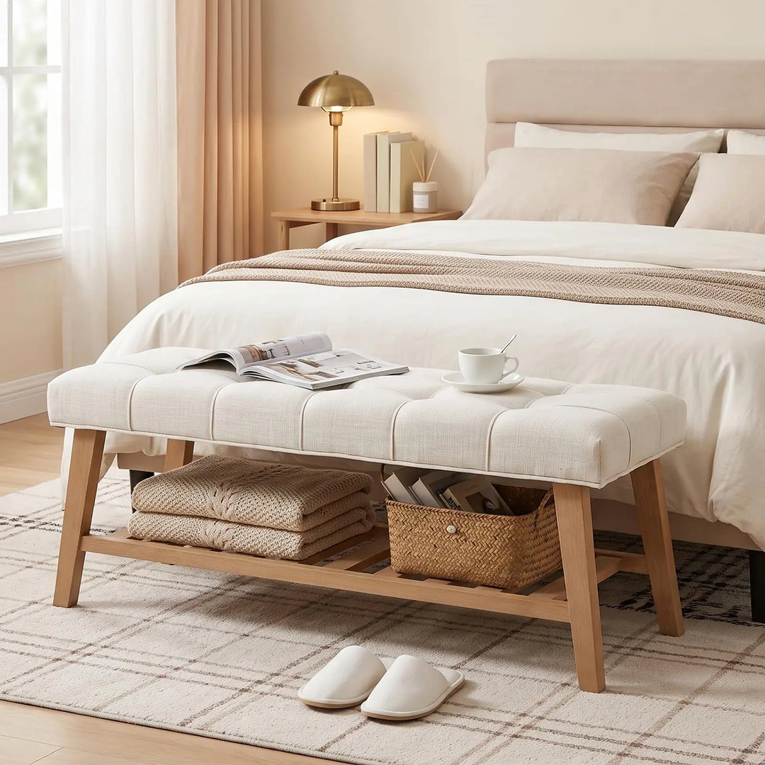 DM Furniture Wooden Entryway Bench with Shoe Shelf, Farmhouse Tufted, Ivory