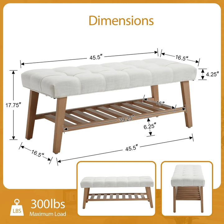 DM Furniture Wooden Entryway Bench with Shoe Shelf, Farmhouse Tufted, Ivory