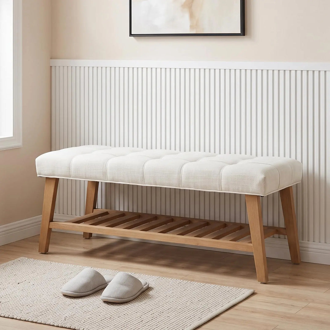 DM Furniture Wooden Entryway Bench with Shoe Shelf, Farmhouse Tufted, Ivory