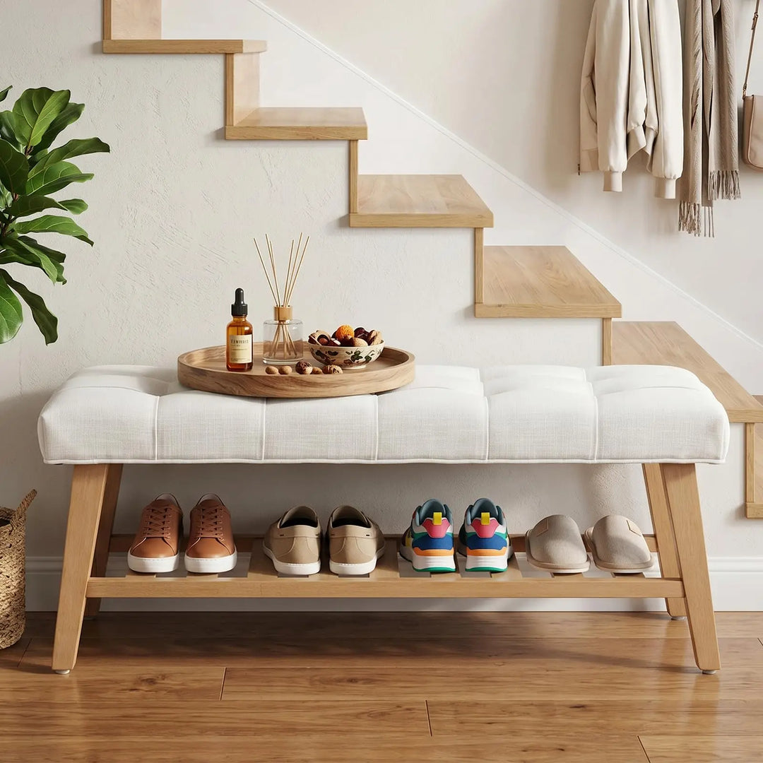 DM Furniture Wooden Entryway Bench with Shoe Shelf, Farmhouse Tufted, Ivory