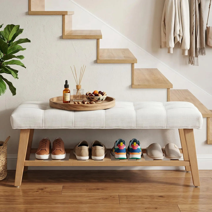 DM Furniture Wooden Entryway Bench with Shoe Shelf, Farmhouse Tufted, Ivory