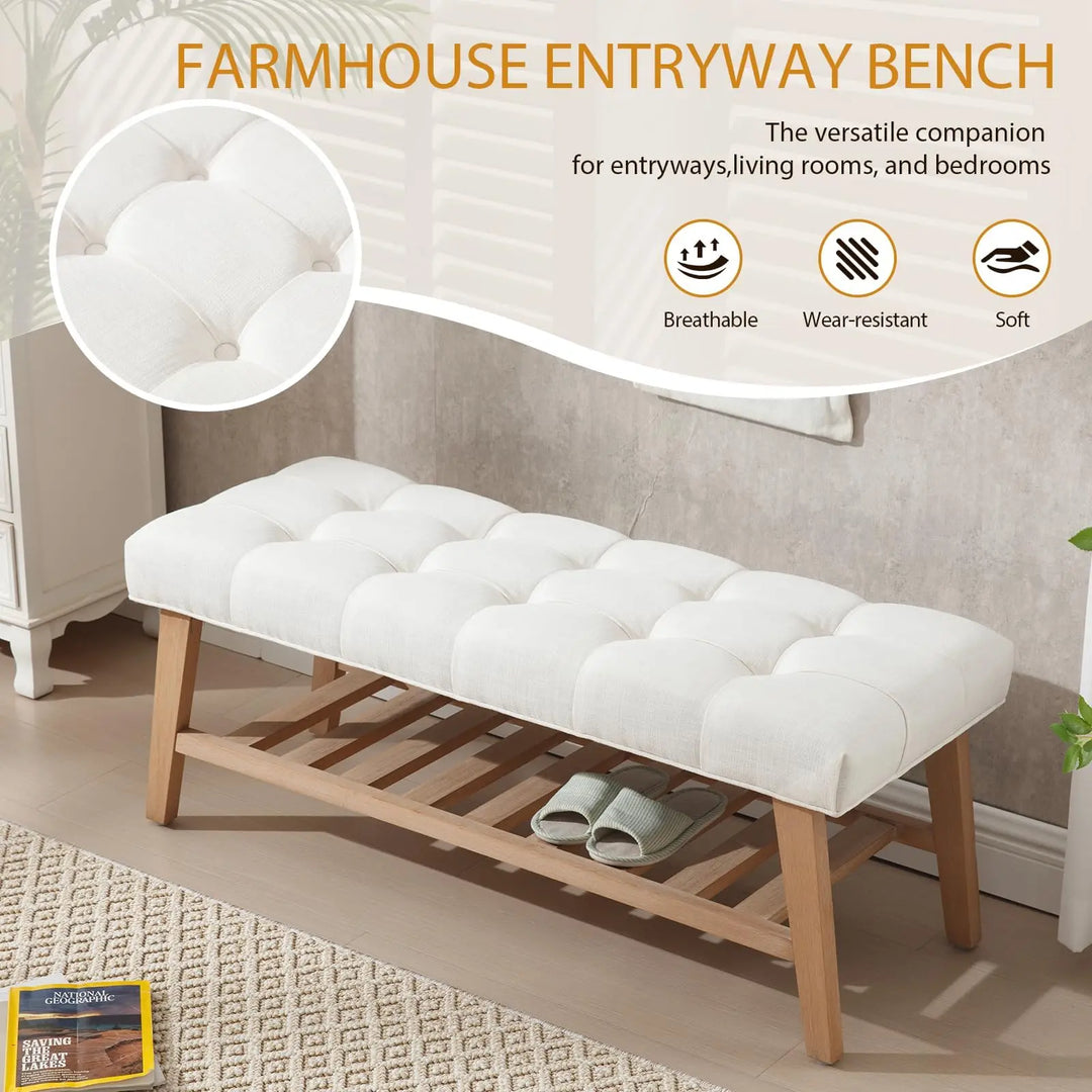DM Furniture Wooden Entryway Bench with Shoe Shelf, Farmhouse Tufted, Ivory