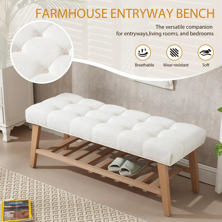 DM Furniture Wooden Entryway Bench with Shoe Shelf, Farmhouse Tufted, Ivory