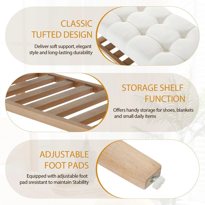 DM Furniture Wooden Entryway Bench with Shoe Shelf, Farmhouse Tufted, Ivory