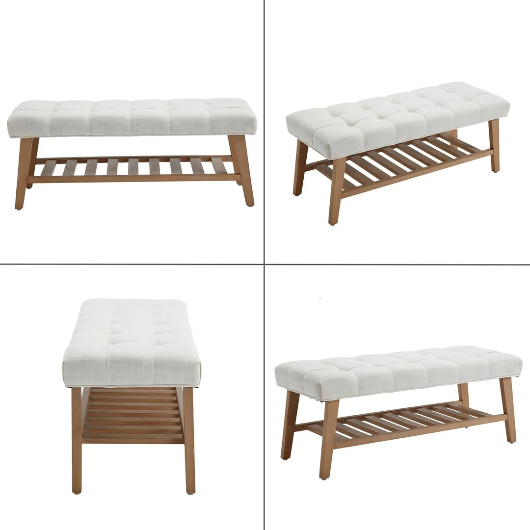 DM Furniture Wooden Entryway Bench with Shoe Shelf, Farmhouse Tufted, Ivory