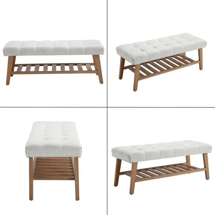 DM Furniture Wooden Entryway Bench with Shoe Shelf, Farmhouse Tufted, Ivory