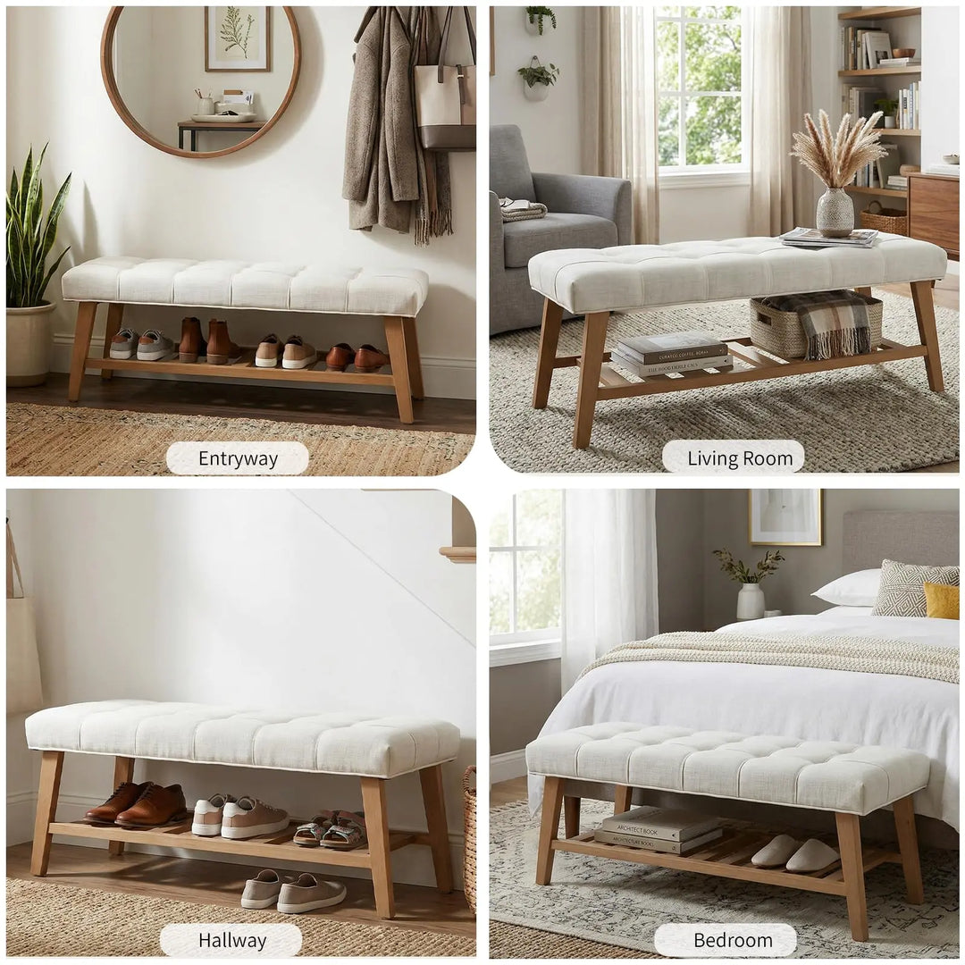 DM Furniture Wooden Entryway Bench with Shoe Shelf, Farmhouse Tufted, Ivory