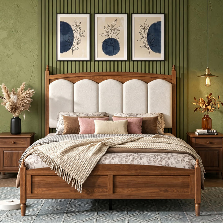 DNYN Vintage Wood Platform Bed Frame with Upholstered Headboard for Bedroom 