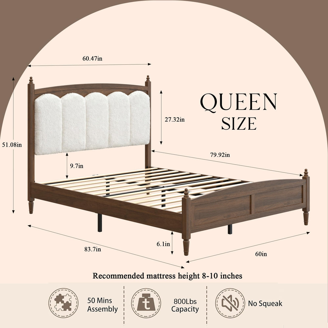 DNYN Vintage Wood Platform Bed Frame with Upholstered Headboard for Bedroom 