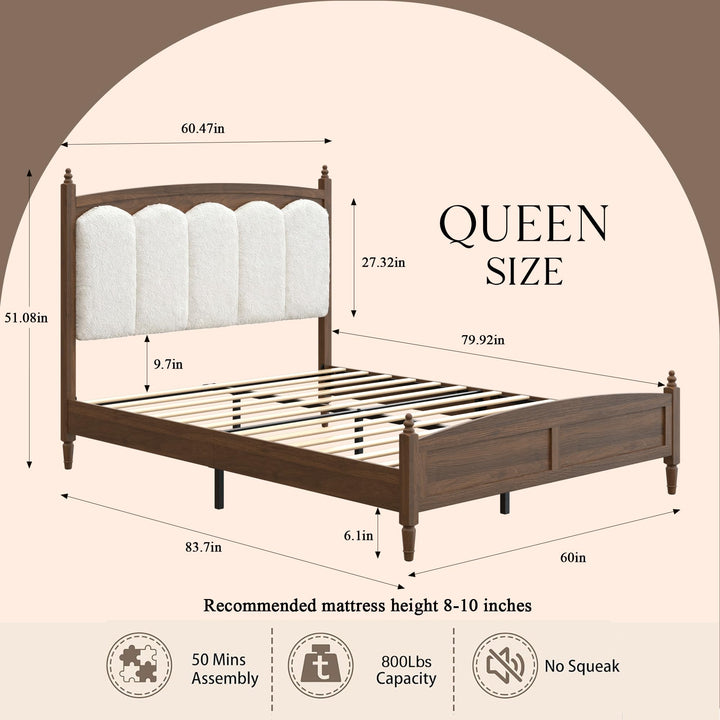 DNYN Vintage Wood Platform Bed Frame with Upholstered Headboard for Bedroom 