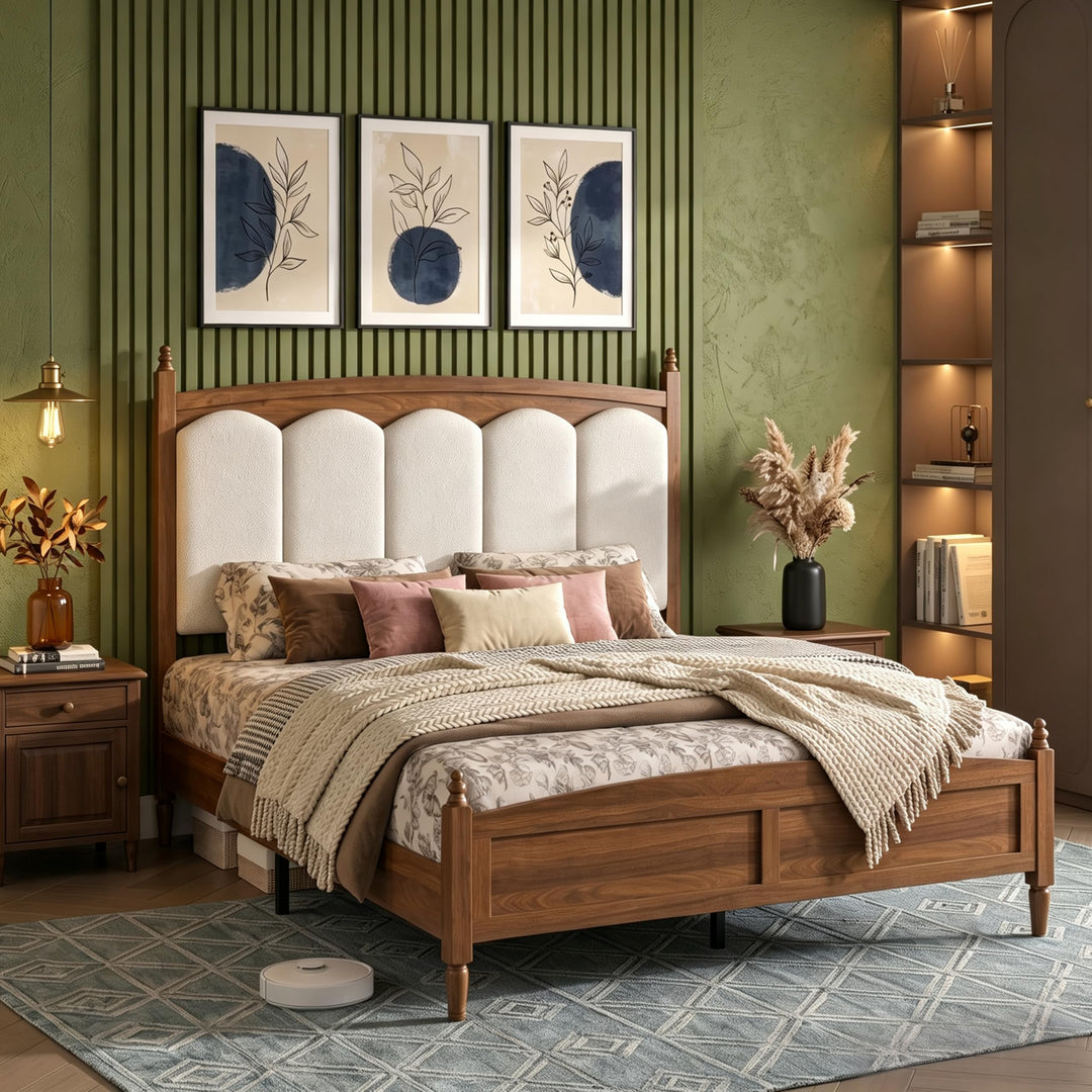 DNYN Vintage Wood Platform Bed Frame with Upholstered Headboard for Bedroom 