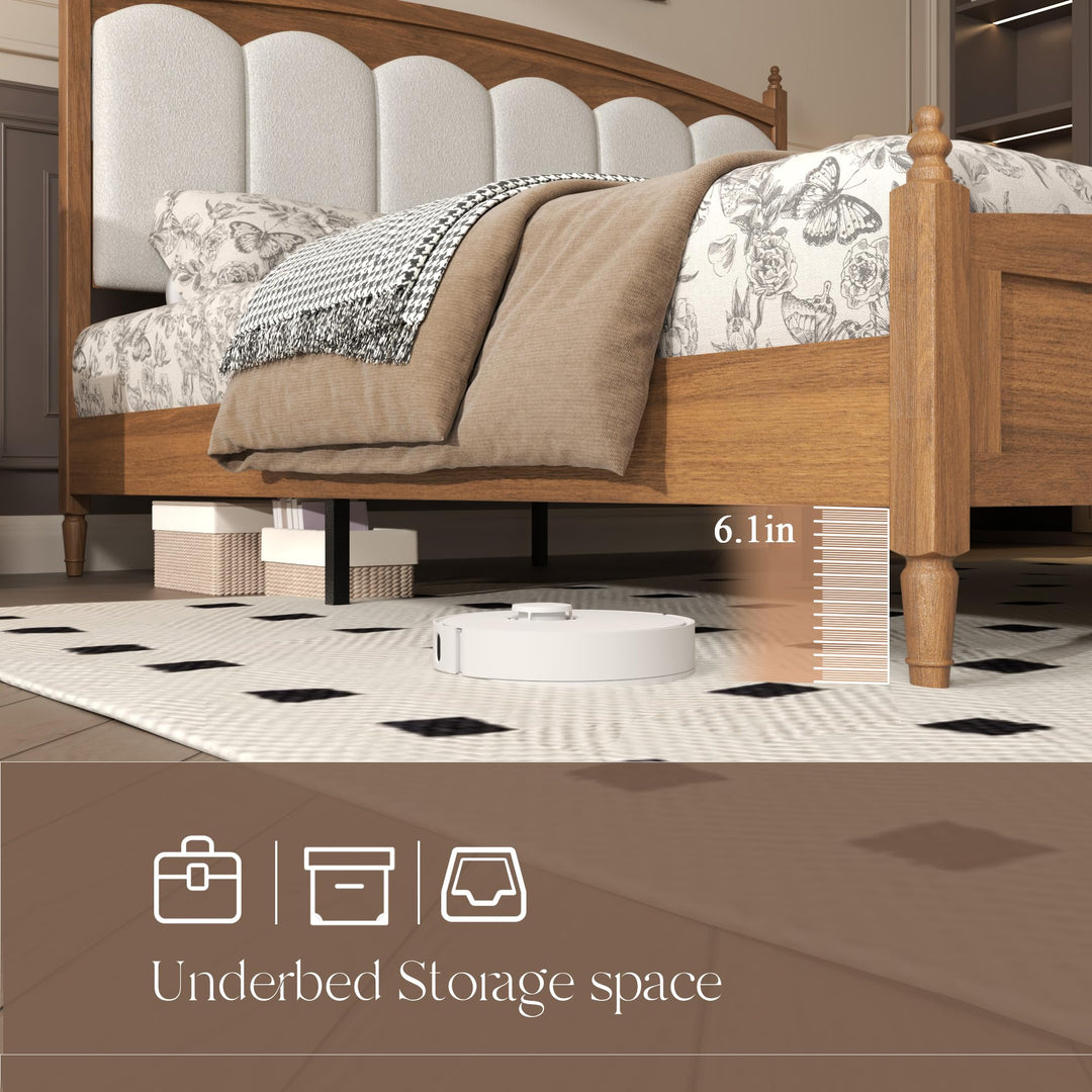 DNYN Vintage Wood Platform Bed Frame with Upholstered Headboard for Bedroom 