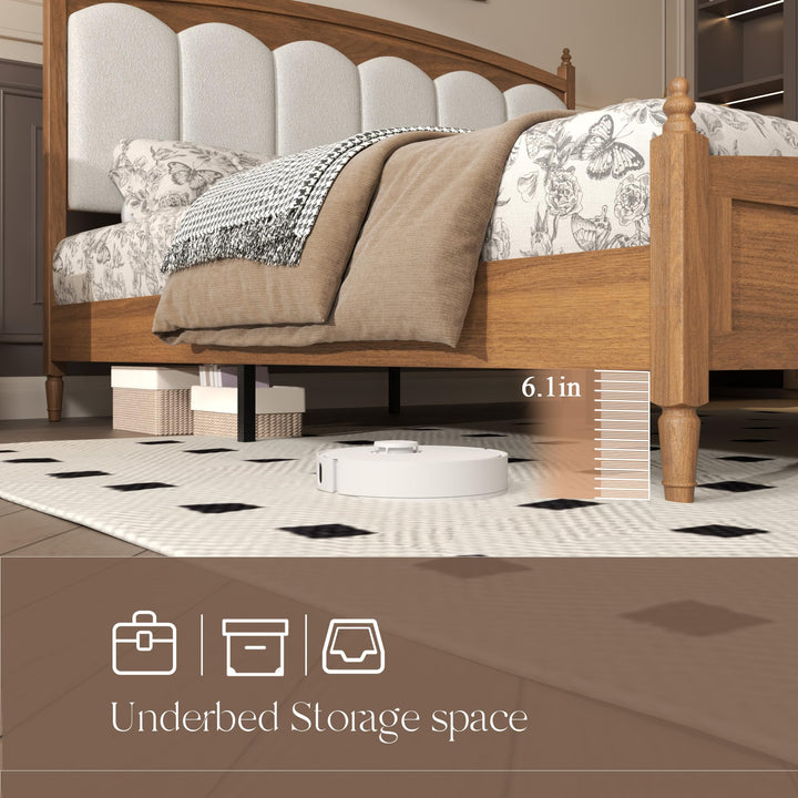 DNYN Vintage Wood Platform Bed Frame with Upholstered Headboard for Bedroom 