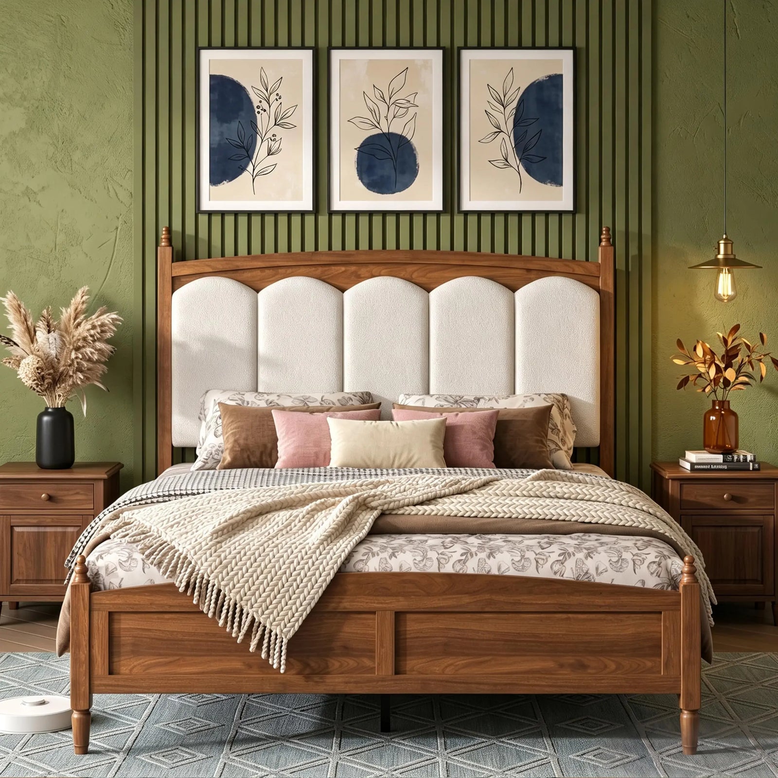 DNYN Vintage Wood Platform Bed Frame with Upholstered Headboard for Bedroom 