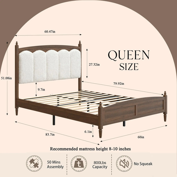 DNYN Vintage Wood Platform Bed Frame with Upholstered Headboard for Bedroom 