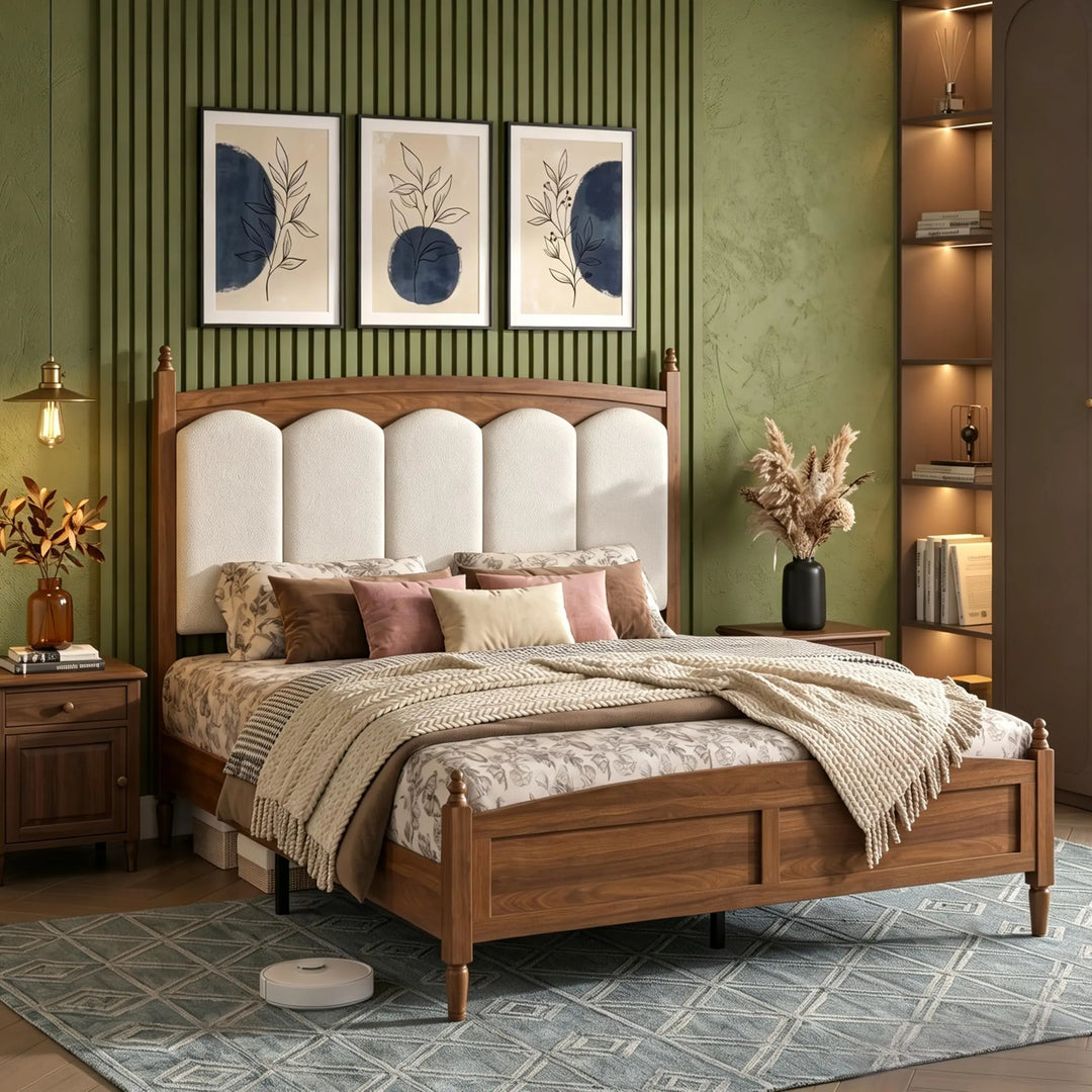 DNYN Vintage Wood Platform Bed Frame with Upholstered Headboard for Bedroom 