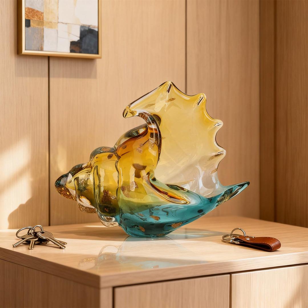 DOVDOV Hand-Blown Glass Conch Sculpture, Coastal Home Decor Conch Horn, Glass Art Seashell Ornament, Office, Living Room Tabletop Centerpiece, Bathroom Shelf top and Cabinet Decoration. 