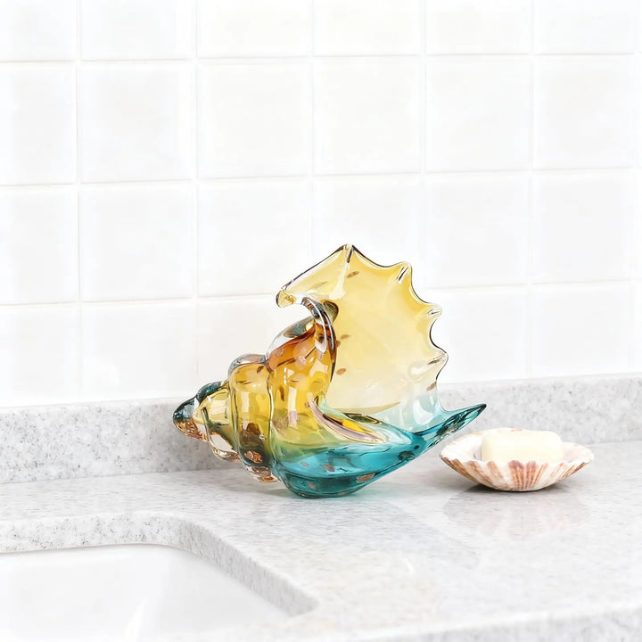 DOVDOV Hand-Blown Glass Conch Sculpture, Coastal Home Decor Conch Horn, Glass Art Seashell Ornament, Office, Living Room Tabletop Centerpiece, Bathroom Shelf top and Cabinet Decoration. 